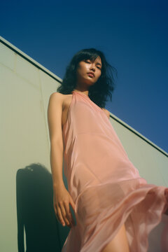Elegant Beautiful Stylish Asian Young Woman in a Dress, Fashion Photo, Retro Look, Lo-Fi, Poster Size, Retro