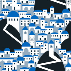 Santorini village inspired pattern in white and blue. Vector seamless pattern design for textile, fashion, paper and wrapping. 