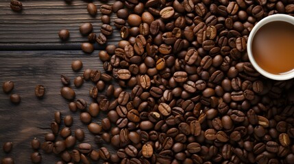 Naklejka premium Aromatic cappuccino a ceramic cup, coffee beans, dark wood background