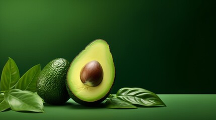 avocado split open with green leaves on green background - obrazy, fototapety, plakaty