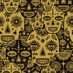 Creepy sugar skulls pattern vintage looking in black and golden colors. Vector seamless pattern design for textile, fashion, paper, packaging and branding. 
