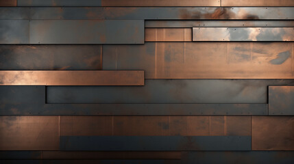 Background with protruding geometric objects. Strict design. Interior design in loft style. Bronze texture. Volumetric figures, cubes and rectangles. Gray-golden hue. Metal rivets and nails.