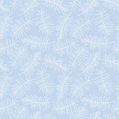 Exotic palm jungle line art leaves, floral seamless pattern for fabric textile or wallpapers. Vector tropical jungle leaves modern light blue background