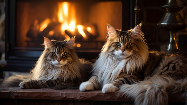 Two large charming fluffy cats (Maine Coon) lie in a cozy beautiful house with a burning fireplace in the background. Fluffy pets and home