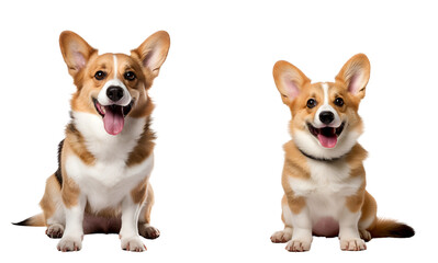 Set of Cute Welsh Corgi Dogs: Lively Puppy and Calm Seated Adult, Isolated on Transparent Background, PNG