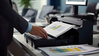 Businessman printing sheets with company sales and statistics information




