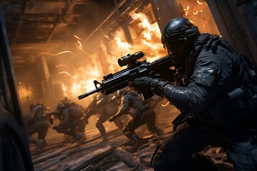 A special forces squad armed with firearms is operating in a building in a city undergoing combat. - obrazy, fototapety, plakaty