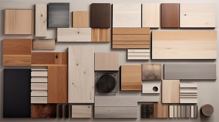 Various wood types meticulously organized on a chic concrete surface, offering a tactile experience for interior design enthusiasts. - obrazy, fototapety, plakaty