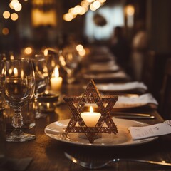 Fototapeta na wymiar close-up of the Star of David symbolizing unity on a hanukkah festive dining table, capturing the harmony and togetherness of a celebratory meal 