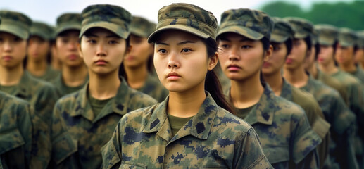 Group of young Asian women in military digital camouflage uniforms standing at army ceremony or presentation. Generative AI - obrazy, fototapety, plakaty
