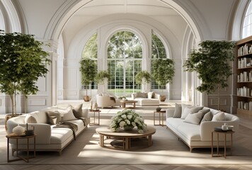 Spacious and Bright Living Room with High Arched Ceilings and Large Windows - obrazy, fototapety, plakaty
