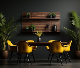 Contemporary Dining Room with Black Wall and Dark Wooden Table