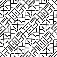 Repeating black and white ornament. Seamless pattern of lines, dots, circles, squares. Monochrome texture for printing and creating your own design