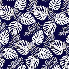 Monstera and palm leaves, floral seamless pattern for fabric textile, scrapbook or wallpapers. Vector tropical jungle leaves background