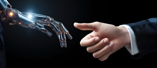 Modern concept of businessman handshaking with robot in futuristic cooperation - obrazy, fototapety, plakaty