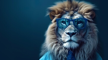 Portrait of a lion with glasses against the backdrop of a dark blue sky