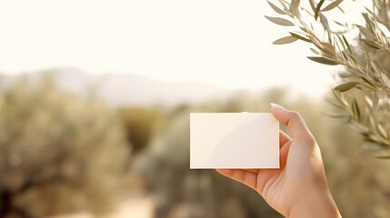 Feminine wedding, birthday greeting card mockup scene with woman's hand holding blank paper card. Blurred background with olive tree branches and silk ribbon. White table background. - Powered by Adobe