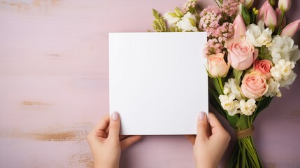 Hands holding blank paper card mockup on fresh colorful pink bouquet of flowers background. Empty thank you card mock up on floral backgrounds, with copy space.