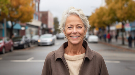 Fototapeta premium Photograph of a woman over 60 years old, smiling and happy, beautiful, free, on the street