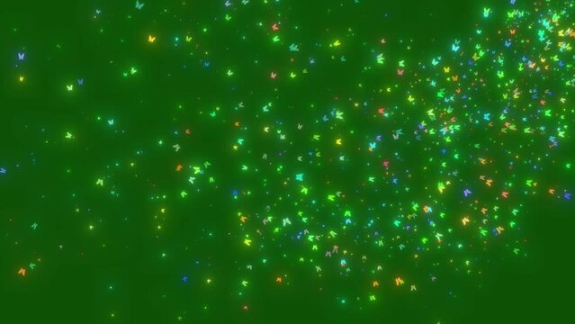  Beautiful Butterfly And Magic Glitter Trail Particle Flaying On Green Screen Background, Multi Color Butterfly, Magic Glitter Butterfly Trail Flying With Glowing Glitter Magic Particle On Green Scree