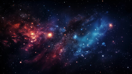 The galaxy in space filled with stars on blue and red backgrounds, in the style of light orange and light black, precisionist lines, light sky-blue and dark indigo