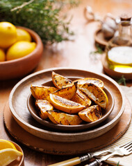 Grilled lemon pieces, wedges on a ceramic plate, close up view. Perfect addition to dishes and an ingredient of delicious lemonade made from grilled lemons