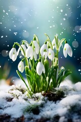 A bunch of first spring flowers - snowdrops in the snow