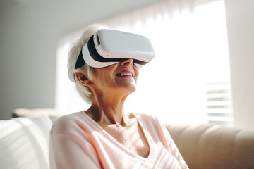focused older woman with gray hair using modern VR goggles, generative ai 