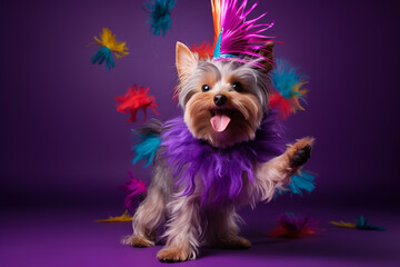 A dog in a festive cap and a funny outfit dances against a bright background.