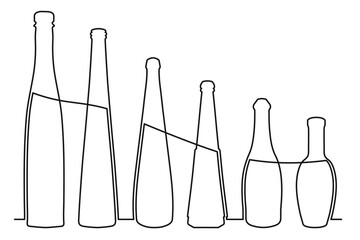 Sketch drawing of a bottle of different shapes in the style of one solid continuous line. Collection of alcoholic drinks - obrazy, fototapety, plakaty