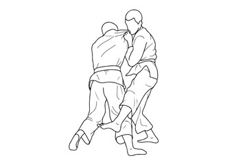 Line drawing of two young sportive judoka fighter. Judoist, judoka, athlete, duel, fight, judo