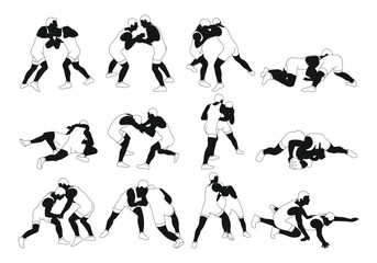 Outline silhouettes of athletes wrestlers. Greco Roman, freestyle, classical wrestling