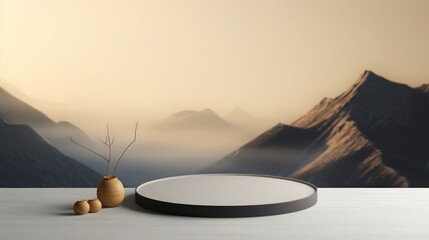 3d podium with copy space for product display presentation on mountain and sunset sky background. Generative AI