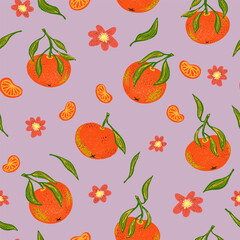 Tangerines pattern, citrus flowers and tangerine slices. Grainy texture, cartoon style, doodle, grunge texture, colored pencil, old paint, pencil texture, pastel, pencil. Vector seamless pattern.