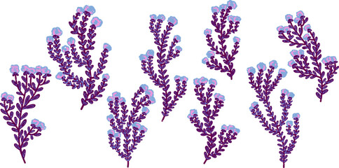 Graceful purple stems and fluffy blue flowers. Vector grainy set of texture elements, cartoon style, doodle, grunge texture, colored pencil, old paint, pencil texture, pastel, pencil. Vector