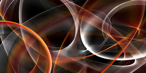 Abstract black, gray and orange swirly shapes on black background. Fantasy chaotic fractal texture