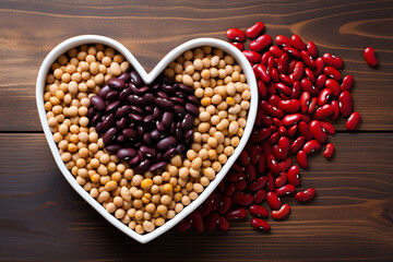 Concept of various beans forming a heart shape.
