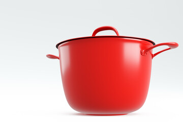 Stainless steel red cooker with lid and chrome cookware on white background