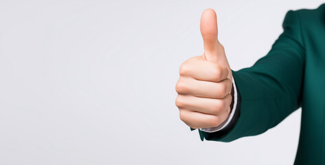 Businessman raises thumb up, satisfaction evaluation after using product and service concept, white background