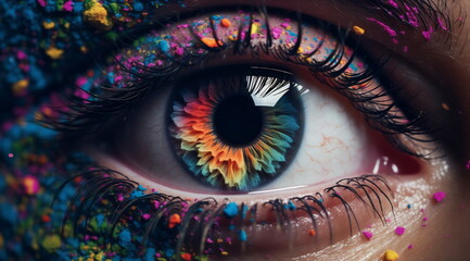 Crop of female eye with colorful make up. Beautiful fashion model with creative art makeup. Abstract colorful splash make-up - obrazy, fototapety, plakaty