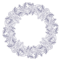 Exotic palm jungle line art leaves, floral seamless pattern for fabric textile or wallpapers. Vector tropical jungle leaves modern light blue background