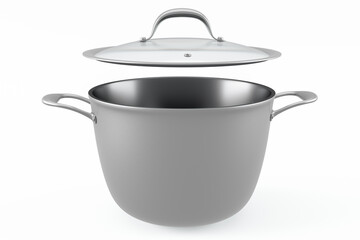 Stainless steel cooker with lid and chrome cookware on white background