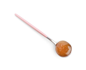 Spoon with sweet apricot jam on white background