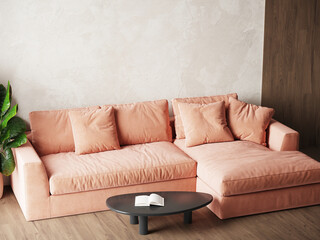 Peach fuzz 2024 trend color year in the premium livingroom. Textured mockup wall -  microcement pastel beige warm colour. Modern room design interior lounge. Accent premium apricot sofa. 3d render 