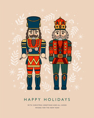 Holiday card template with colorful Nutcracker soldiers in traditional costume. Design element for New Year and Christmas decoration. Vintage wooden toy from Germany.