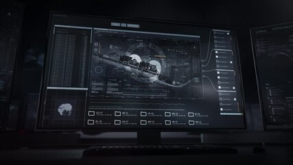 Modern monitors. Radar Data. Tracking the location of the enemy forces that were found in Fort Casey, USA. Drones are set to fly towards the designated spot. Computer User Interface. - Powered by Adobe