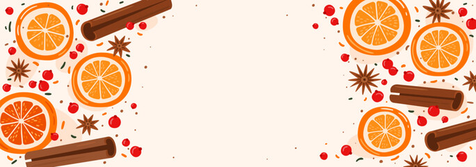 Horizontal winter banner with place for text. Sliced oranges, cinnamon sticks, star anise stars, red berries. Ingredients for mulled wine, hot glogg. Winter vector illustration.