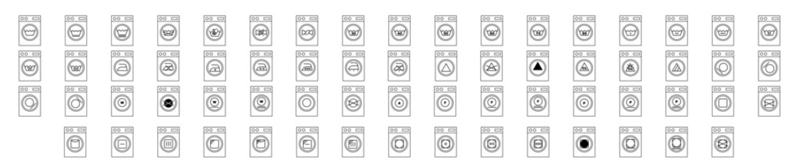 Full set of laundry icon. Laundry symbols. Clothes care instructions icons with washing. Symbols of washing in a washing machine, water temperature, drying, bleaching, ironing and dry cleaning. Vector - obrazy, fototapety, plakaty