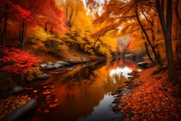 Naklejka na ściany i meble A serene river winding through a colorful autumn forest, with leaves in shades of red, orange, and yellow