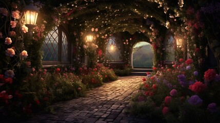 A twilight garden with illuminated pathways and softly lit floral arrangements creating a magical and enchanting ambiance as the day transitions to night